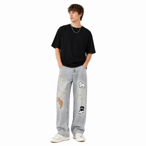 Pantalones de mezclilla de cintura media, pierna recta, color liso, estilo utilitario, lavado a la piedra, corte holgado, con dobladillo rasgado, de tela de algodón, estilo casual, para primavera, streetwear, hip hop - Product Image 2