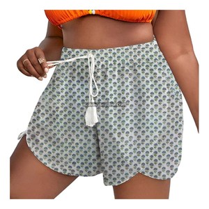 Shorts d'été élégants pour femme, imprimés à la main, avec cordon de serrage à la taille, respirants, 100 % coton, écologiques, pour un usage quotidien décontracté - Product Image 6