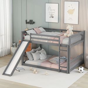 Full Over Full Bunk <b>Bed</b> <b>with</b> <b>Slide</b> and Ladder in Grey Color for Kids - Product Image 6