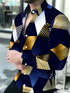 เสื้อเชิ้ตแขนยาวพิมพ์ลายดิจิตอลด้านหน้าลายเสือดาวสีทองพื้นขาวใหม่ คอสูง ทรงปกติ - Product Image 1