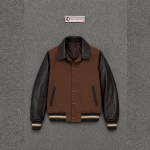 Chaqueta Varsity Personalizada Marrón y Negra para Hombre, Mangas de Cuero, Cuerpo de Lana, Botones a Presión, Cuello Camisero, Ropa Casual de Otoño, Estilo Urbano - Product Image 5