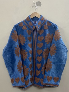 <b>Women</b> <b>Velvet</b> Embroidered Jacket Mandarin Collar Heart Pattern Cotton Zip Up <b>Coat</b> - Product Image 1