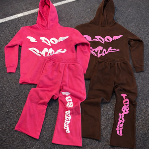 Ensemble de survêtement personnalisé en coton avec ourlet brut, patchwork d'automne, comprenant un sweat à capuche et un pantalon de survêtement évasé et empilé, motif gaufré - Product Image 1