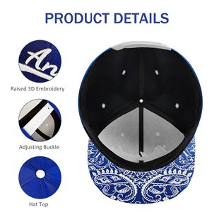 Gorra Snapback Bordada de Los Ángeles, Azul y Blanca con Borde Paisley, 6 Paneles, Unisex, Estilo Urbano, de Sarga de Algodón - Product Image 3
