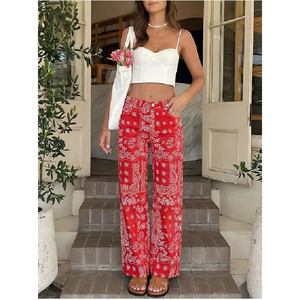 Wholesale Custom <b>Women</b> <b>Red</b> Bandana Paisley Printed Denim <b>Jeans</b> High Waist Casual Straight Leg Y2K Streetwear Fashion Trousers - Product Image 5