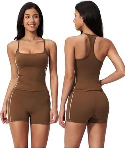 Women's 2-Piece Workout Set Strapless V-Neck Tank <b>Top</b> & Mid Waist Shorts 100% Cotton Quick Dry Anti-Bacterial Yoga Outfit - Product Image 1