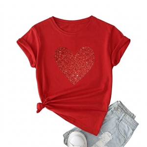 Women's <b>Red</b> Short Sleeve T-Shirt With <b>Glitter</b> Heart Print Casual Loose Fit Crew Neck Spring Summer Cotton T-Shirt Top - Product Image 1