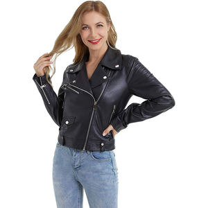Veste moto en cuir PU noir pour femme, coupe ajustée, col rabattu, fermeture éclair, couleur unie, style automne - Product Image 1