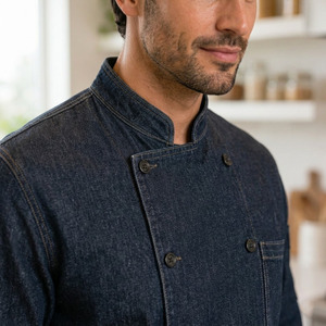 Veste de chef en denim longue moderne personnalisée, vêtements de travail de cuisine, uniforme de cuisinier exécutif extensible - Product Image 3