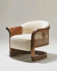 Fauteuil de salon sculptural en teck avec structure fluide et assise en rotin respirant - Product Image 1