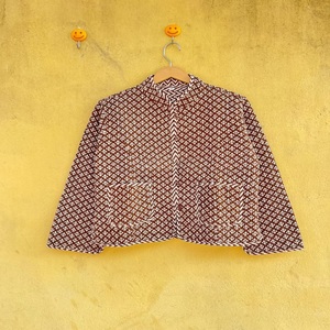 Vintage 100% Cotton Quilted Geometric Print <b>Jacket</b> Mandarin Collar Full Sleeve Autumn <b>Short</b> <b>Jacket</b> With Single Button Closure - Product Image 1