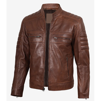 Jaket Kulit Sapi Coklat OEM Musim Dingin 2026, Laris Manis, Kerah Tegak, Resleting Depan, Kantong, 100% Kualitas Tinggi, MOQ Rendah