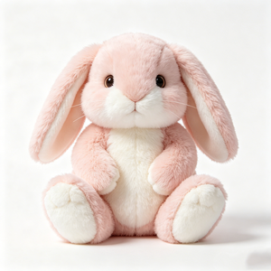 Lindo conejo de peluche sentado con orejas caídas, suave y esponjoso conejito de peluche rosa y blanco, adorable juguete de peluche de conejito. - Product Image 1