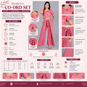 Ensemble coordonné 2 pièces pour femme : Crop top rose imprimé et pantalon palazzo rayé, manches courtes, col rond, décontracté, printemps-été - Product Image 5