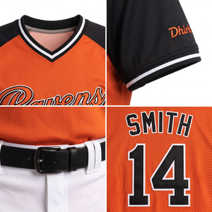 Camiseta de Béisbol Personalizada Sublimada en Naranja y Negro con Cuello en V, 100% Poliéster, Talla XS Juvenil, Uniforme para Equipos Escolares y Amateur, Fabricación OEM - Product Image 4