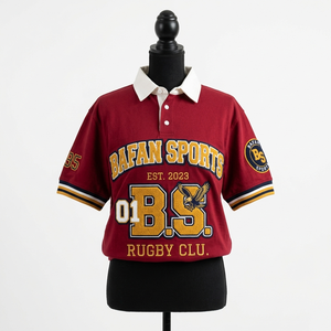 Womens rugby tshirt durable cotton polyester knit fabric <b>red</b> solid design embroidery logo custom Women Rugby Shirt Cotton - Product Image 6