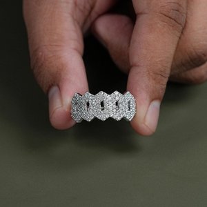 925 Sterling Silver Moissanite Diamond <b>Iced</b> Out <b>Ring</b> Geometric Link Band Hip Hop Men's Luxury Statement Fashion Jewelry - Product Image 5