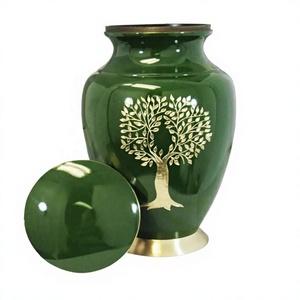Urne en métal Arbre de Vie avec design inspiré de la nature, finition vert foncé et or, vase commémoratif avec couvercle - Product Image 2