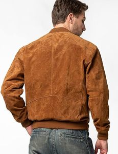 Blouson bomber en cuir véritable pour homme, coupe-vent, avec col montant et fermeture éclair - Product Image 1
