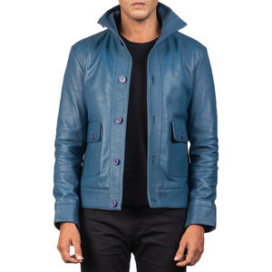 Veste en cuir PU bleu pour homme, col rabattu, fermeture éclair, style motard haut de gamme, imperméable, coupe-vent, veste d'hiver tendance - Product Image 3