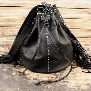 Premium Genuine Leather Fringe Handbag for Women – Vintage Boho Style Shoulder <b>Bag</b> with Tassels & <b>Studded</b> Detail - Product Image 1