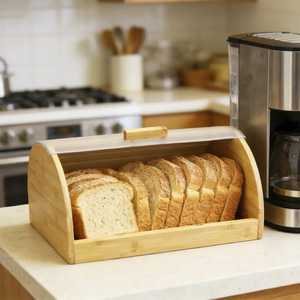 Caja de pan de madera negra de 2 niveles con ventana de vidrio estriado, puerta frontal, gabinete de almacenamiento de repostería para encimera, organizador de alimentos para cocina - Product Image 6