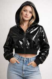 Chaqueta Bomber con Capucha de Cuero Sintético Negro para Mujer, Cierre de Cremallera, Manga Larga, Corte Corto, Color Sólido, para Otoño - Product Image 2