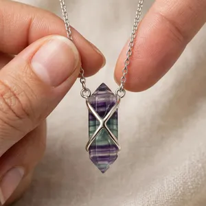 Collier pendentif en cristal de fluorite arc-en-ciel naturel, 25 mm, laiton, argent, or, or rose, plaqué rhodium, bijoux personnalisés, cadeau - Product Image 4