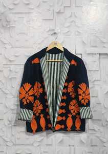 เสื้อคลุมกิโมโนกำมะหยี่สีกรมท่าปักมือพร้อมซับในลายทางตัดสี - Product Image 2