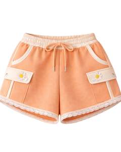 Conjunto de dos piezas casual para mujer: Sudadera corta con cremallera y bloques de color melocotón, y pantalones cortos con estampado de margaritas y dobladillo de encaje, de poliéster y algodón, al por mayor. - Product Image 2