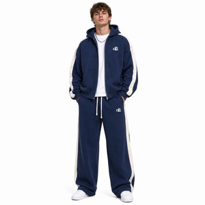 Ensembles amples pour hommes, comprenant des sweats à capuche boxy à fermeture éclair intégrale avec empiècements contrastants et des joggers à jambe large, en molleton de coton personnalisé 450 GSM, vierges et surdimensionnés - Product Image 1