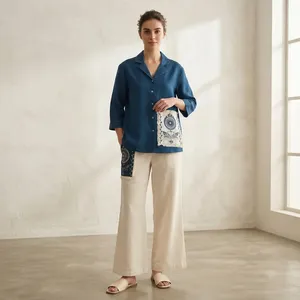 Chemise tunique bleue brodée pour femmes avec manches trois quarts, boutons sur le devant et pantalon large beige, tenue décontractée d'été - Product Image 1