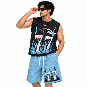 Trendy <b>Men's</b> Blue Graphic Print Basketball Shorts Set <b>Black</b> Sleeveless Oversized <b>Tank</b> <b>Top</b> Custom Sportswear <b>Tops</b> OEM Wholesale - Product Image 6