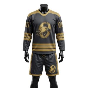 Conjunto de Camiseta y Pantalones Cortos de Hockey sobre Hielo Sublimados en Negro y Dorado para Hombre, Cuello en V, Poliéster, Uniforme de Equipo Estampado, Ropa Deportiva de Entrenamiento - Product Image 1