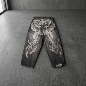 High Waist <b>Wide</b> <b>Leg</b> Stonewashed Denim <b>Jeans</b> With Red White Embroidery Loose Fit <b>Men's</b> Casual Cotton Pants Autumn - Product Image 5