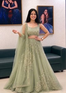 Green Embroidered Lehenga Set <b>Net</b> Unstitched Indian Wedding Outfit Two Piece Dress With <b>Dupatta</b> - Product Image 6