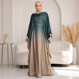 Kaftán Abaya de Poliéster Satinado con Degradado Teal de Lujo para Mujer, Vestido Maxi Islámico Elegante y Modesto, Largo hasta el Tobillo, Corte Holgado, Jacquard Floral - Product Image 2