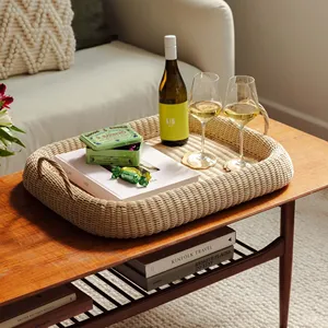 Artisanal Rounded Edge Woven Rectangular Rattan Tray Handmade Storage Basket Featuring Thick <b>Border</b> For Coffee Table <b>Display</b> - Product Image 5
