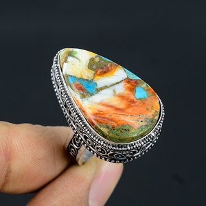 Vintage Bohemian 925 Silver Plated <b>Ring</b> Natural Spiny Oyster Turquoise Gemstone Statement Jewelry Unisex Daily Wear Gift - Product Image 3