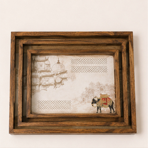 Handcrafted Set of 3 Wooden Serving Trays with Royal Indian <b>Elephant</b> & Palace Art Enamel Coated Nesting <b>Decorative</b> Tray - Product Image 5