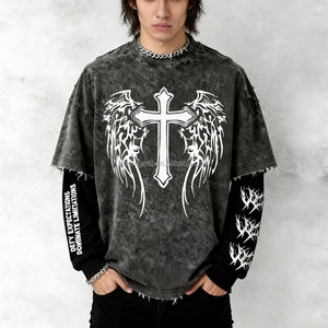 <span class=keywords><strong>T</strong></span>-shirts à manches longues déchirés avec motifs personnalisés pour hommes, style vintage délavé à l'acide, en tissu gaufré, effet vieilli, double couche - Product Image 1