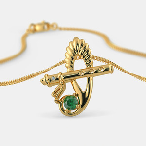 Yellow Gold Krishna Flute <b>Emerald</b> Lab Grown Diamond <b>Pendant</b> Necklace - Product Image 5