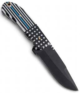 Cuchillo de hoja fija negro mate hecho a mano para exteriores con mango de resina con la bandera de la línea azul delgada y orificio para cordón de latón para uso en campo - Product Image 4