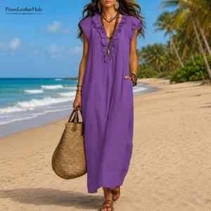 High Quality Multi V-Neck Sleeveless Maxi <b>Dress</b> <b>Ruffles</b> Tunic Breathable Rayon Beach Vacation Summer Women <b>Dress</b> In Wholesale - Product Image 3
