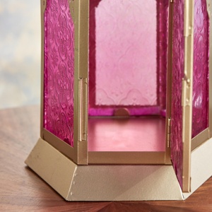 Majestic Gold Metal <b>Moroccan</b> Lantern with Pink Embossed Glass Decorative Candle Holder for Ramadan Home Table <b>Decor</b> - Product Image 4