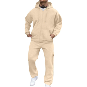 Survêtement beige à capuche pour homme, manches longues, cordon de serrage, poches latérales, imprimé décontracté, respirant, couleur unie, tenue d'automne, 2 pièces - Product Image 1