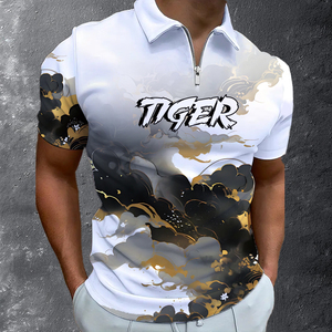 Camiseta Polo Personalizada con Gráfico 3D de Tigre para Hombre, Sublimación con Estampado Completo, Cierre de 1/4, Estilo Urbano Hipster, Color Blanco, Negro y Dorado - Product Image 1