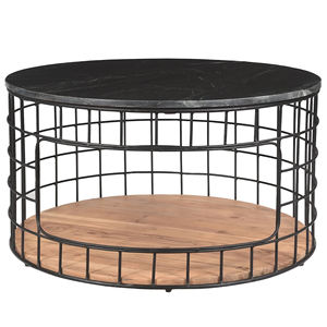 Mesa de Centro Redonda de Mármol Verde con Base de Metal y Madera de Acacia Sólida, Gran Capacidad de Almacenamiento, Diseño Europeo Moderno para Sala de Estar - Product Image 5