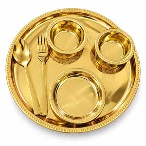 Service de table vintage en acier inoxydable doré, comprenant un plateau de service, un bol, une assiette, une cuillère et une fourchette, écologique, pour les banquets de mariage et les dîners - Product Image 1