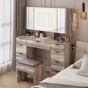 "Large <b>Dressing</b> Vanity Table with 3 Mirrors LED Lights & Full Storage Behind Mirror" - Product Image 2